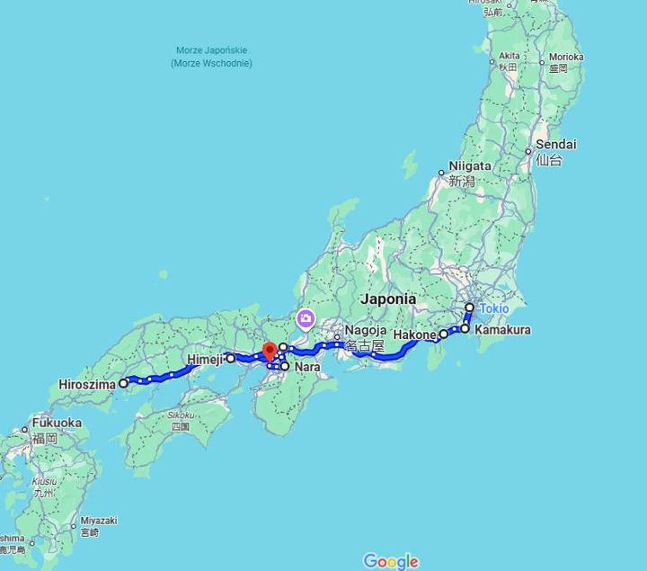 Mapa trasy wycieczki po Japonii od Tokio do Osaki