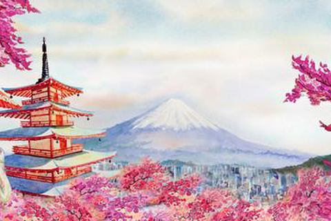 Ilustracja: kobiety w kimonach, pagoda i góra Fuji wśród kwitnących wiśni