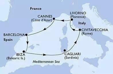 Mapa trasy rejsu: Barcelona, Ibiza, Cagliari, Civitavecchia, Livorno, Cannes i powrót do Barcelony